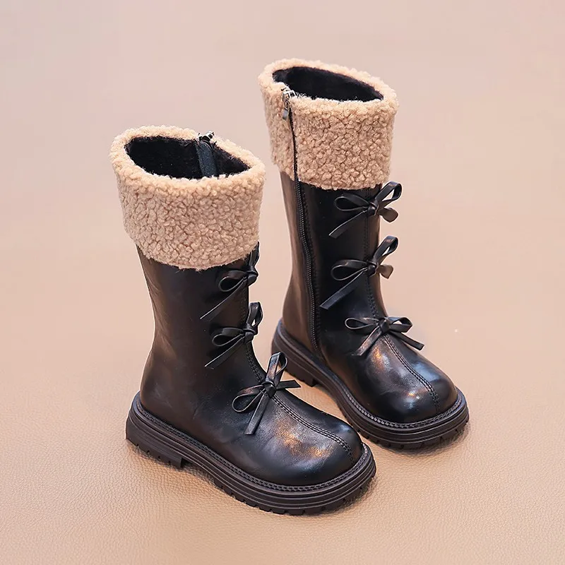 Winter Children Long Boots Classic Black Brown Versatile Girls Bowknot Causal Cotton Shoes Fashion Kids Mid-calf Leather Boots