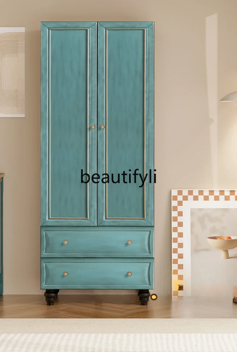 

American retro style wardrobe bedroom small apartment old blue hanging wardrobe double door storage cabinet