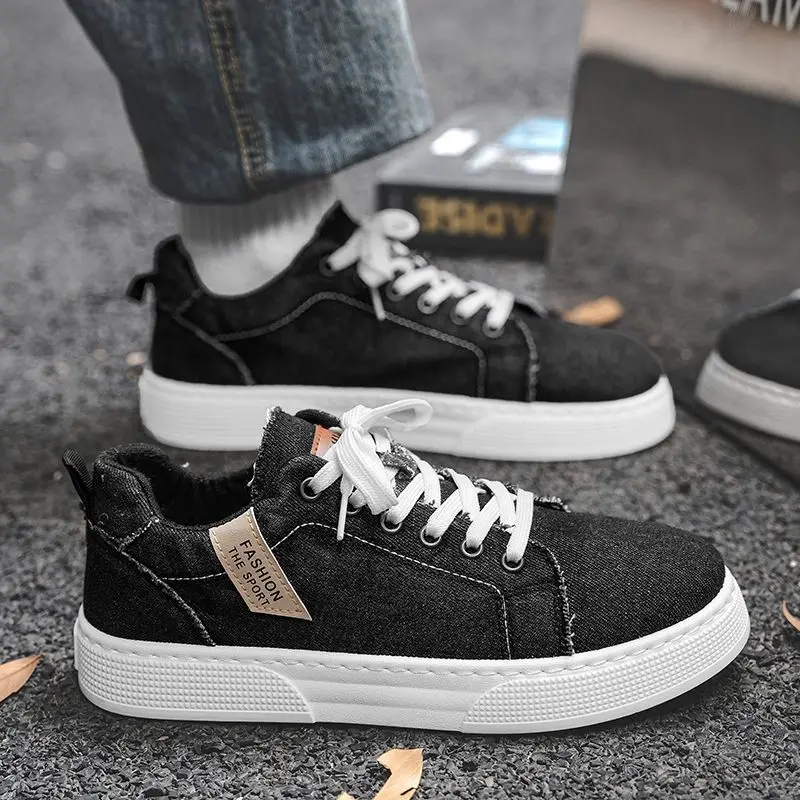  Men Denim Canvas Sneakers Fashion Casual Lace-up Skate Shoes Breathable Platform Board Shoes Comfortable Outdoor Walking Shoes