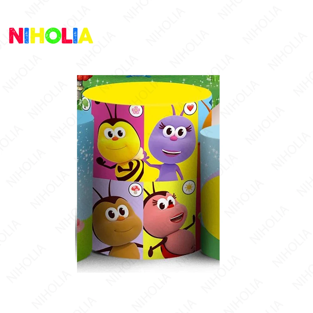 Niholia Bichi Kids Round Backdrop Kid Birthday Party Cute Colorful Bee Photo Photography Background Cake Table Cover Booth Props