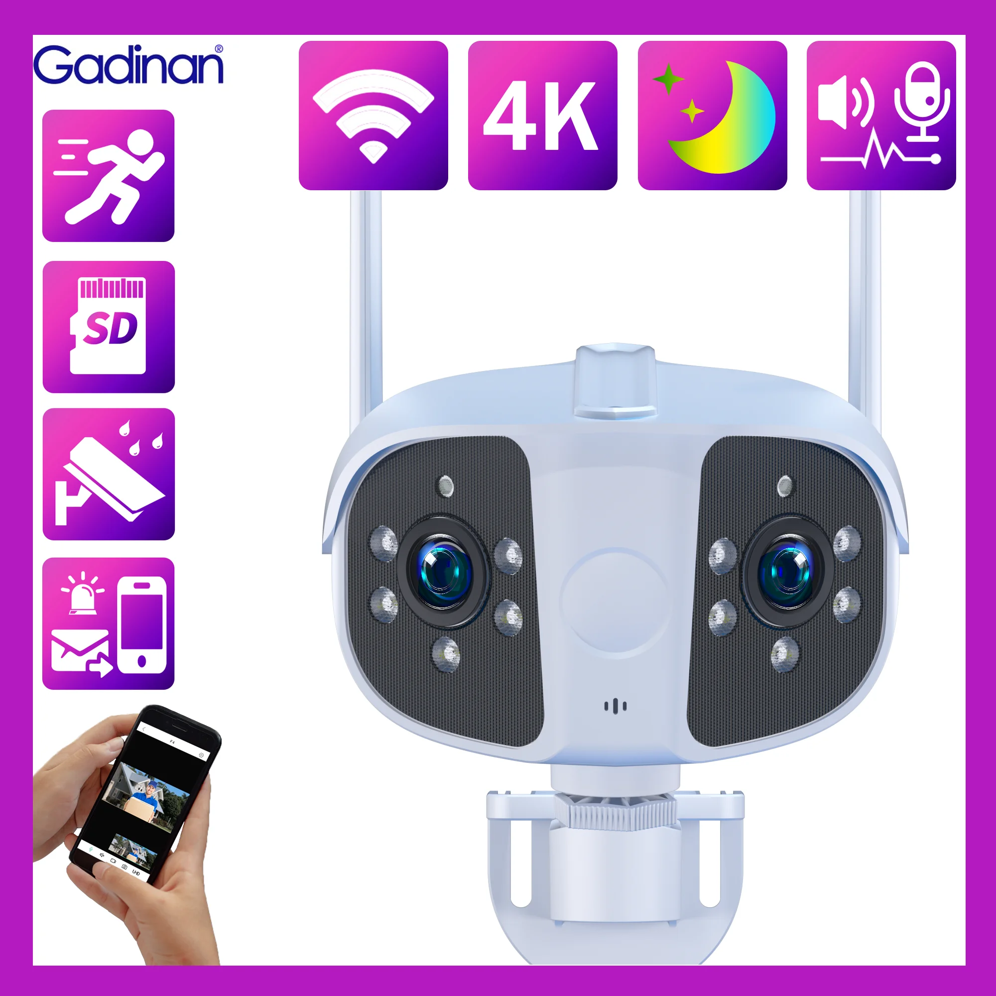 Gadinan Ultra 4K 8MP Dual Lens Panoramic WIFI IP Camera 180° Wide View Angle Color Night Vision CCTV Security Surveillance Camer