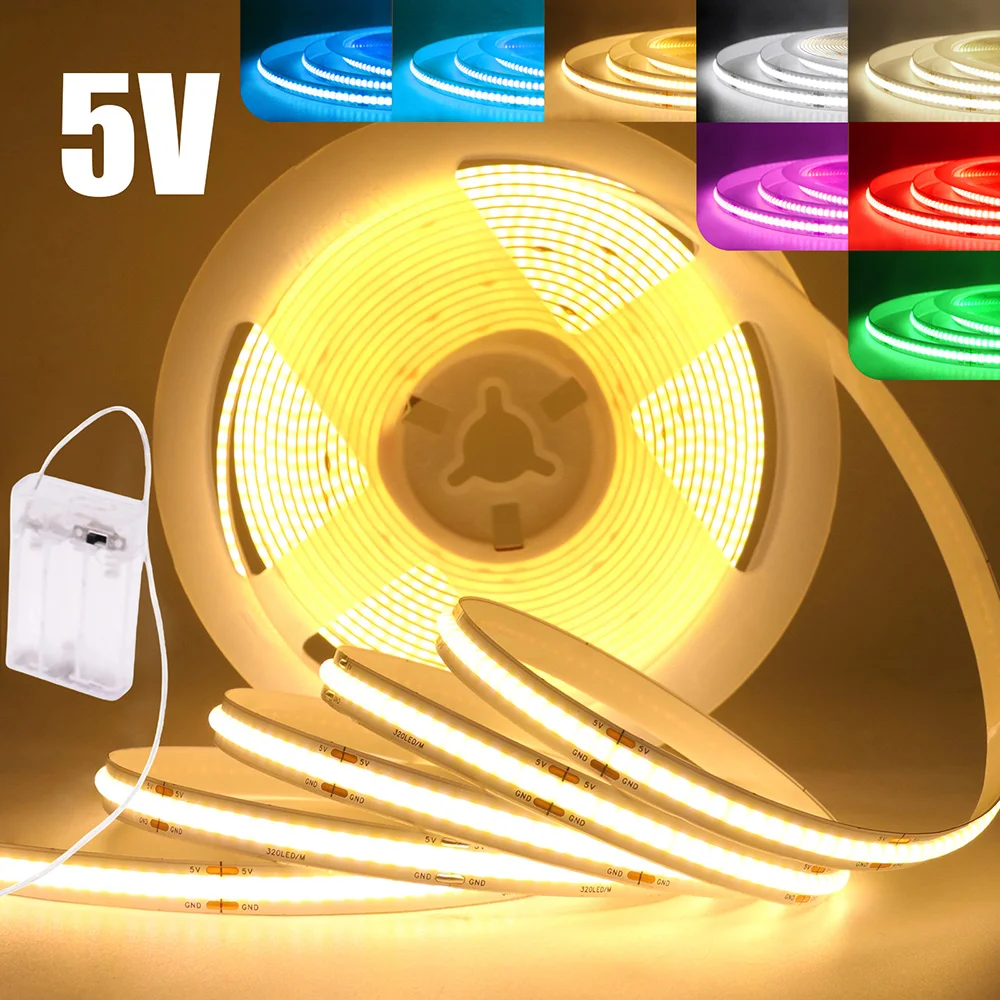 DC 5V COB LED Strip Light Warm Natural White Blue Red Green Pink Yellow Battery Power 320LED/m High Density Flexible Lights Tape