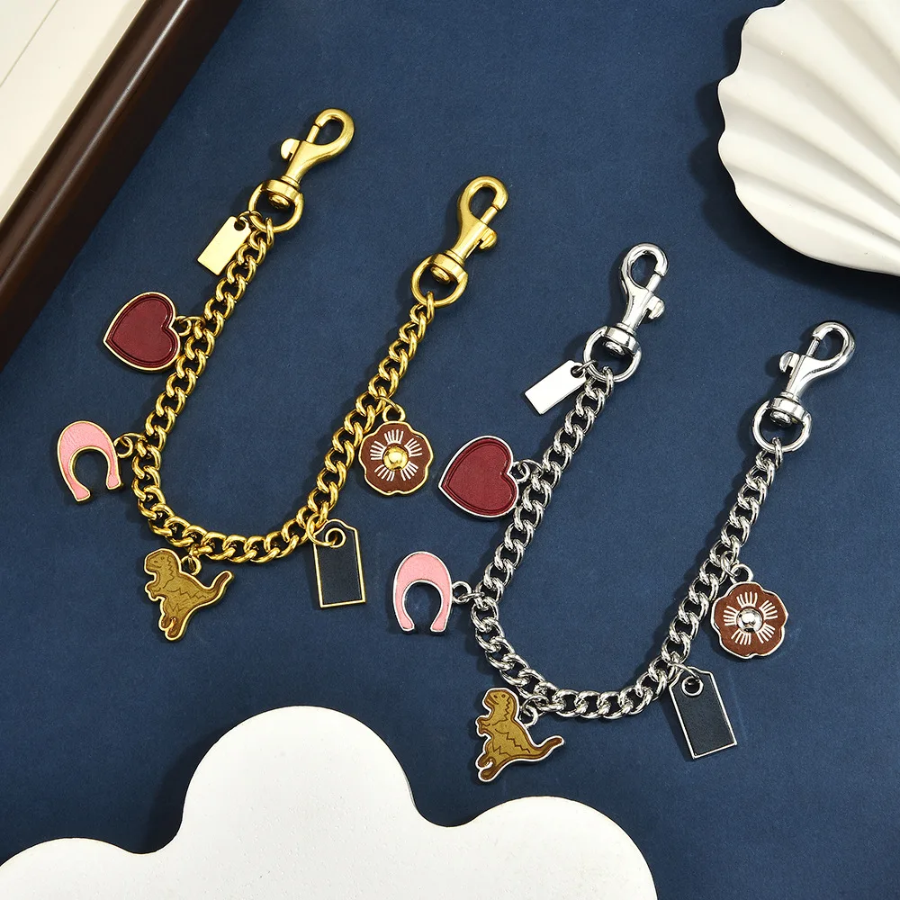 Vintage Multi-element Dinosaur Love Flower Bag Chain Enamel Pendant Metal Chain Bag Pendant Waist Keychain Decoration