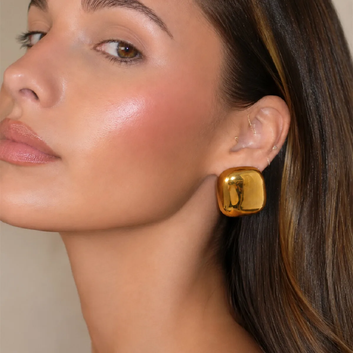 IngeSight.Z Trendy Retro Smooth Stainless Steel Stud Earrings Women 18K Gold Plated Square Earrings Daily Wear Jewelry Accessory