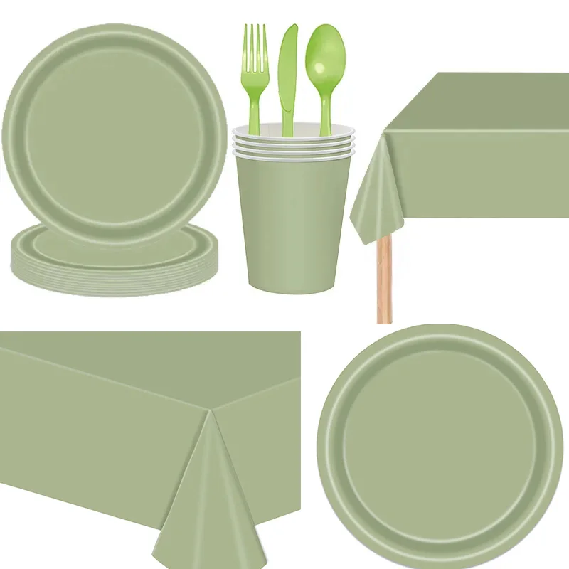 Solid Color Sage Green Party Supplies Disposable Tableware Jungle Safari Paper Cup Plate Napkin Tablecloth for Kids Baby Shower