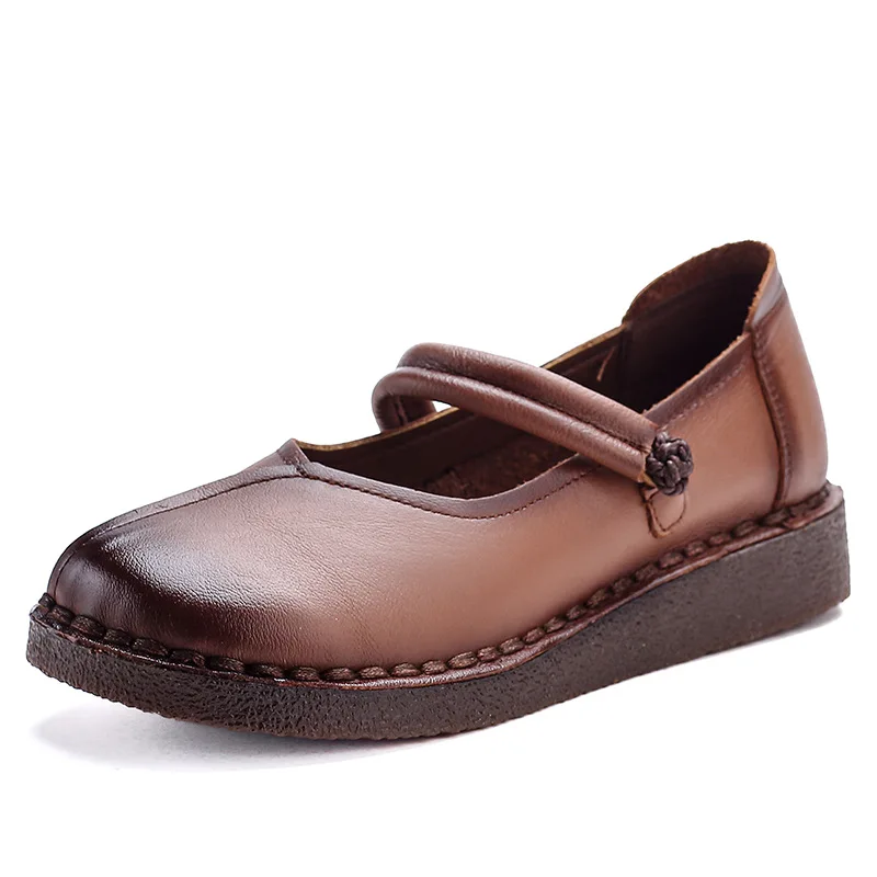 

New Autumn Wide Toe Vintage Shoes Women Genuine Leather Strappy Flats Ladies V Neck Moccasins Mother Luxury Thick Sole Flat Shoe