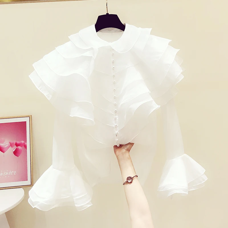 Spring and Autumn New French Super Fairy Layer Ruffled Organza Shirt Women's See-through Western Style Small Bell Sleeve