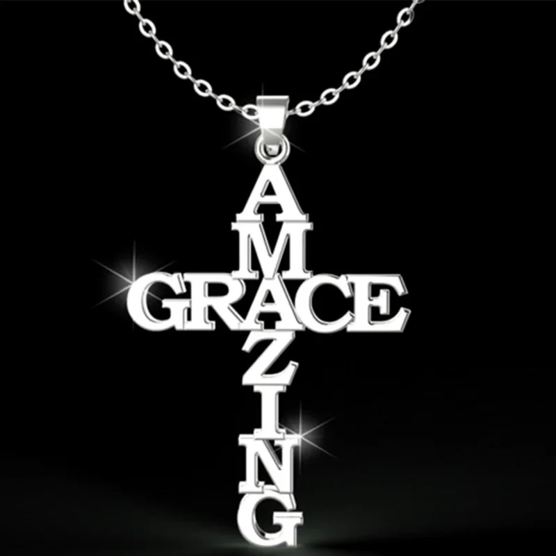 

AMAZING GRACE Cross Pendant Necklace Stainless Steel Letter Necklace For Women Men Christian Jewelry