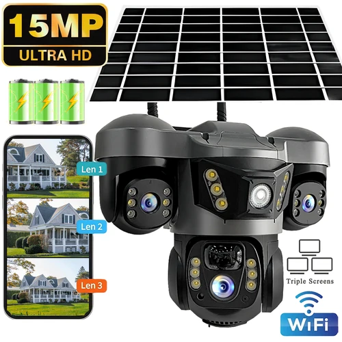 Cámara Solar WIFI de 15MP, Triple lente, pantalla Triple, batería integrada, Audio bidireccional, cámara de red CCTV de seguridad HD impermeable para exteriores