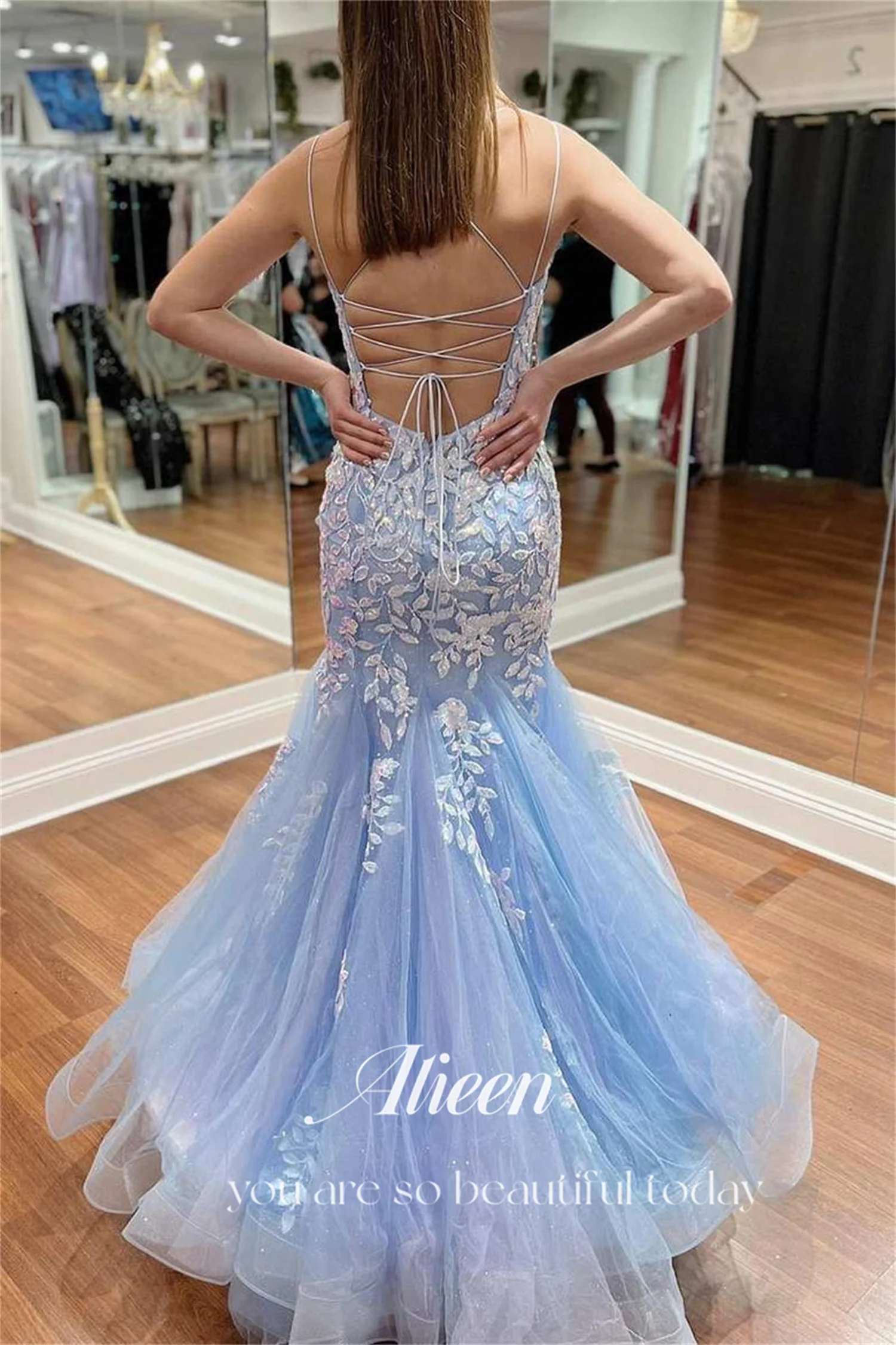 Aileen Sky Blue Appliqué Lace Backless V-neck Women Evening Dress Graduation Gown Dresses Luxury Woman Gala 2023 Women\'s Party