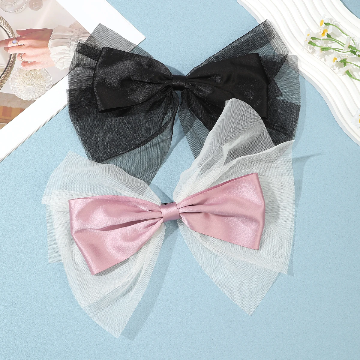 AWAYTR Mesh Lace Bow Tie Hairpins Cute Floral Headwear Romantic Hair Accessories Girl Side Bangs Clip Sweet Hair Clips