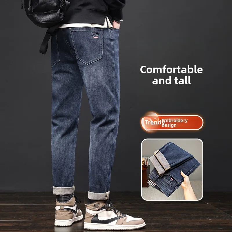

Thi Straight Leg Men's Jeans Casual Elastic Blue Denim Pants Vintage Sle Comfortable Long Trousers for Men