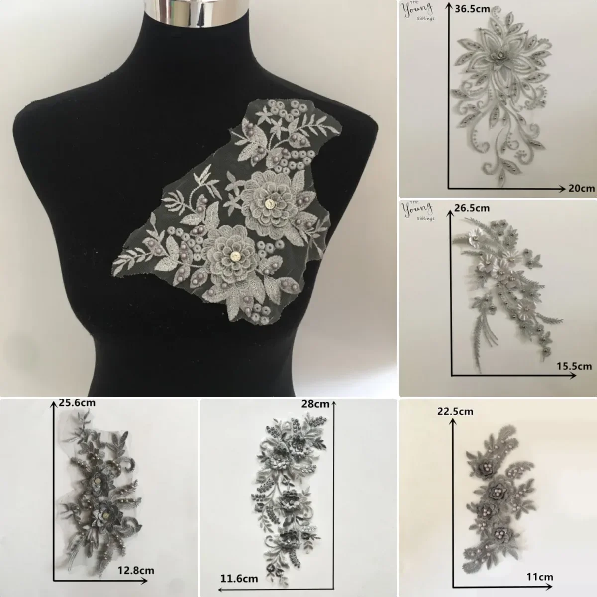 Wholesale sales of 10 piece gray three-dimensional polyester embroidered nail beads sewn lace DIY decorative accessories