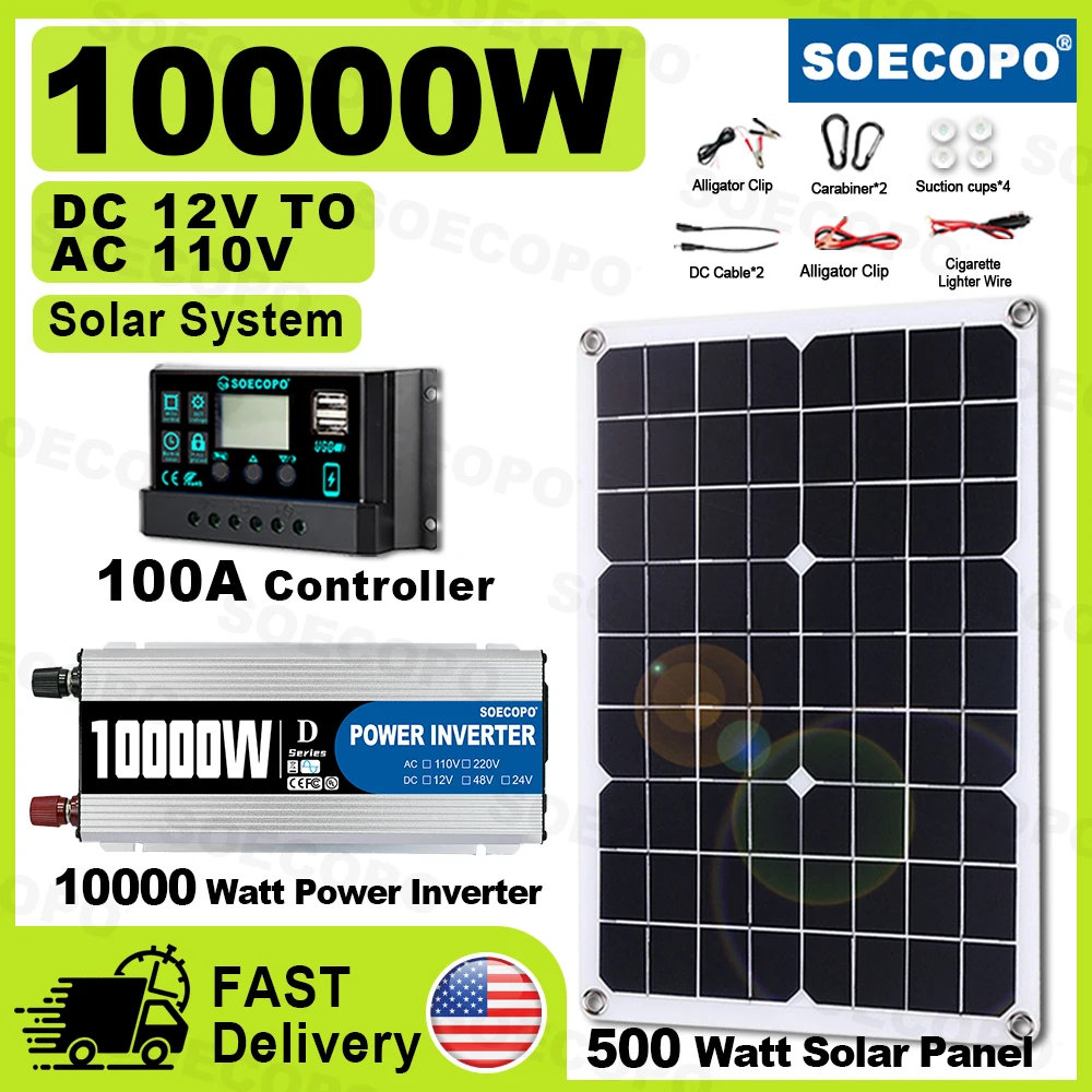 

(U.S Stock) SOECOPO 10000W Portable System Set: 500W Solar Panel DC 12V to AC 110V Inverter 100A Controller for Camping Home RV