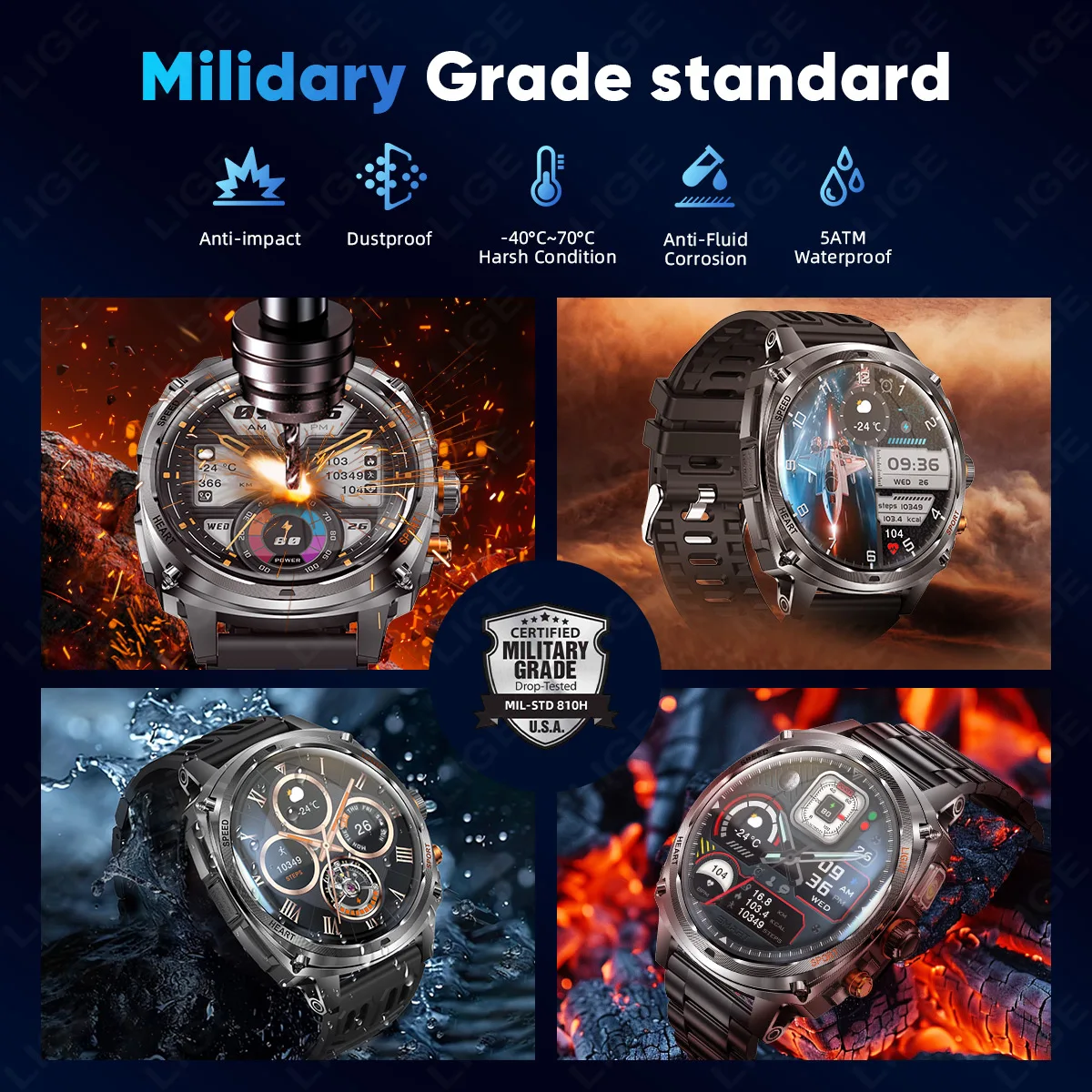 LIGE LED Smart Watch Schermo da 1.75 pollici Chiamata Bluetooth Uomo 800mAh Batteria Impermeabile Sport all'aria aperta Nuovo Smartwatch per Android IOS