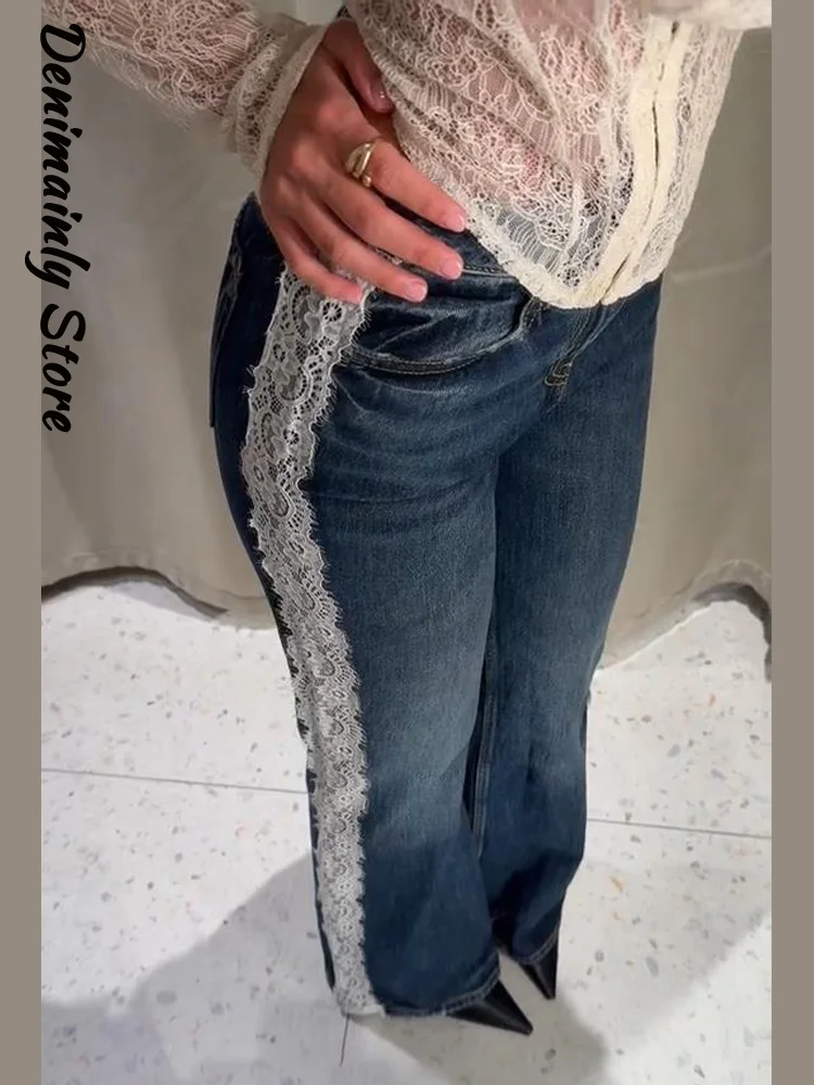 Street Women's Lace Patchwork Flared Jeans Slim High Waist Zipper Pockets Female Denim Pants 2026 Autumn Lady Fashion Trousers