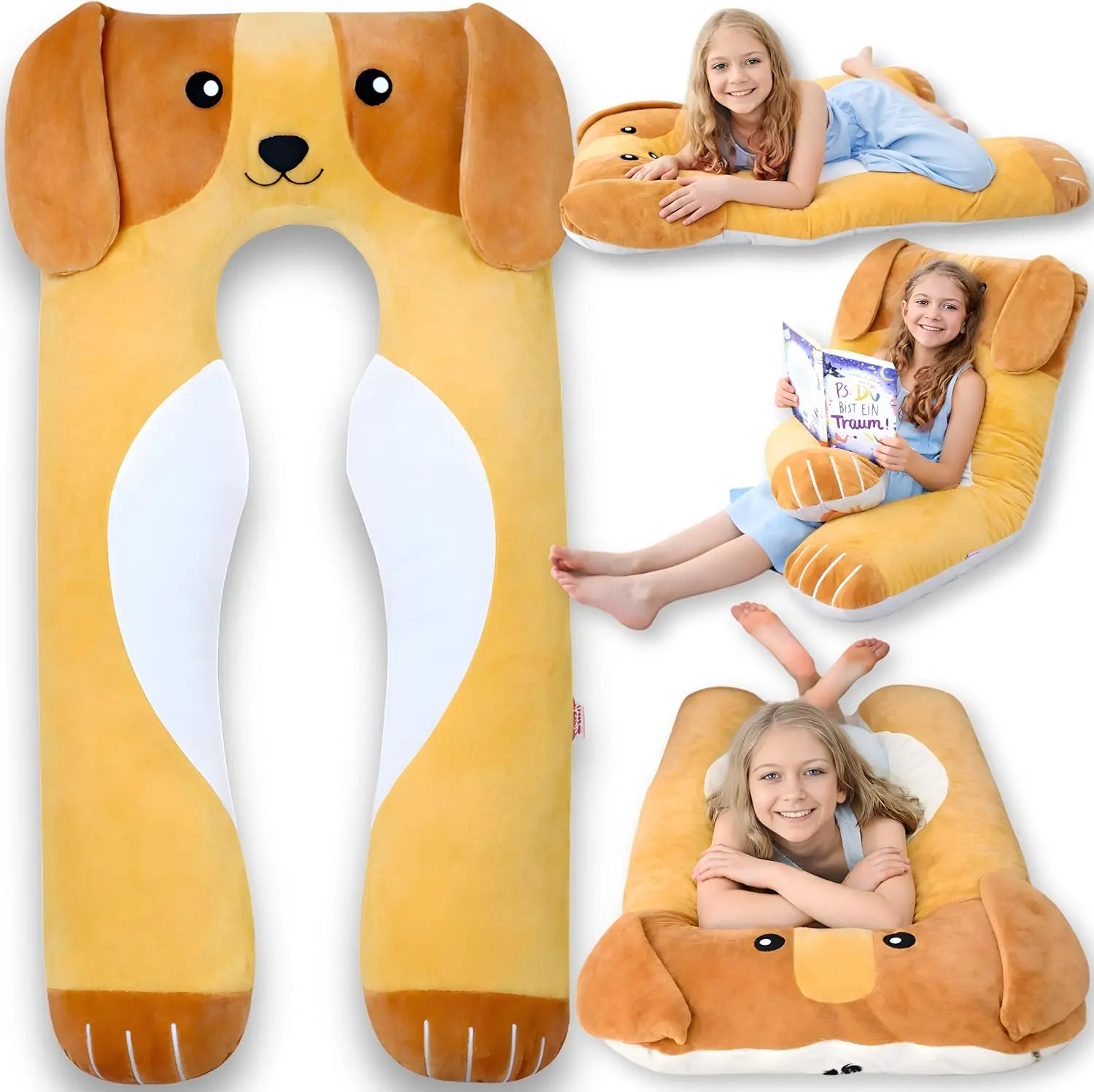 

47" U-Shape Plush Dog Pillow for Kids, Soft Comfort for Sleeping, Reading & Anxiety Relief, Washable Cover