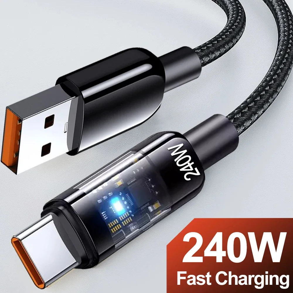 

240W 10A Quick Charging USB C Cable Nylon Braided Transparent Type C High-speed Charger Wire for Samsung Huawei Mi Data Line
