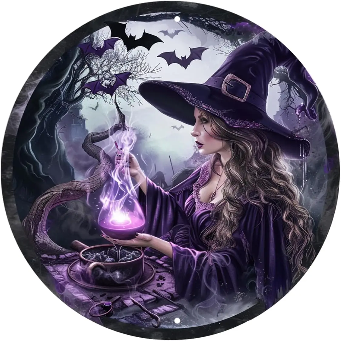 2D Flat, 1pc Witch Magic Brew Round Wooden Plaque, Vintage Potion Label Wall Decor for Home, Office and Cafe