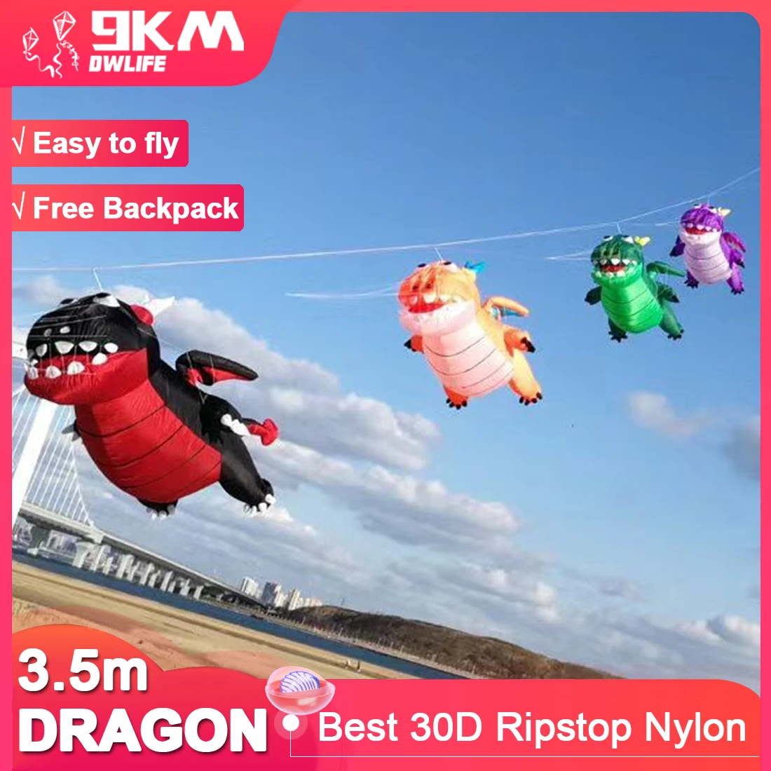 

9KM 3.5m Nerd Dragon Kite 30D Ripstop Nylon Fabric Line Laundry Kite Pendant Soft Inflatable Large Professional Kite for Adults