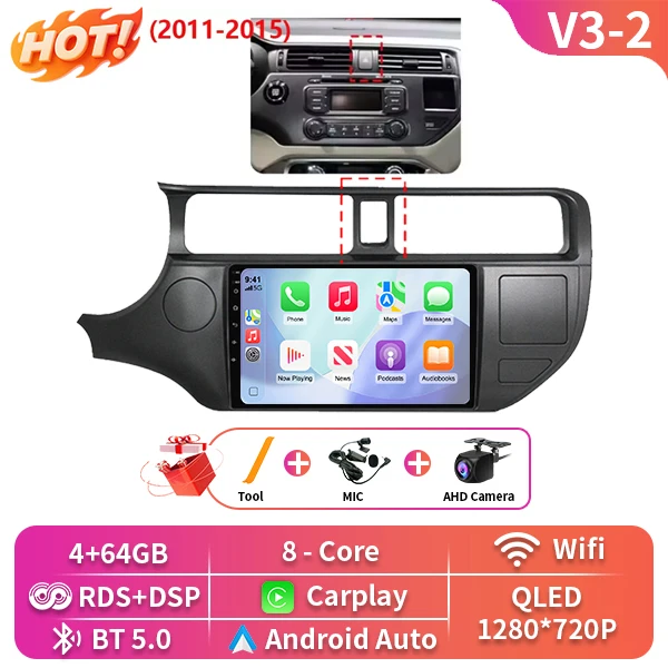 2 Din Android 16 Carplay Auto Voor Kia RIO 4 K3 2011 2012 2013-2017 Autoradio Multimedia Video Player navigatie 4G WIFI BT GPS