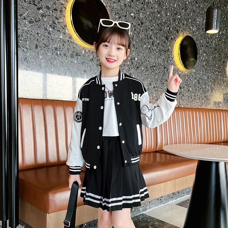 2024 autumn winter Kids Girls School JK striped jacket Hoodies + dress Skirts Suits Children set Clothes teen 8 9 12 7 year