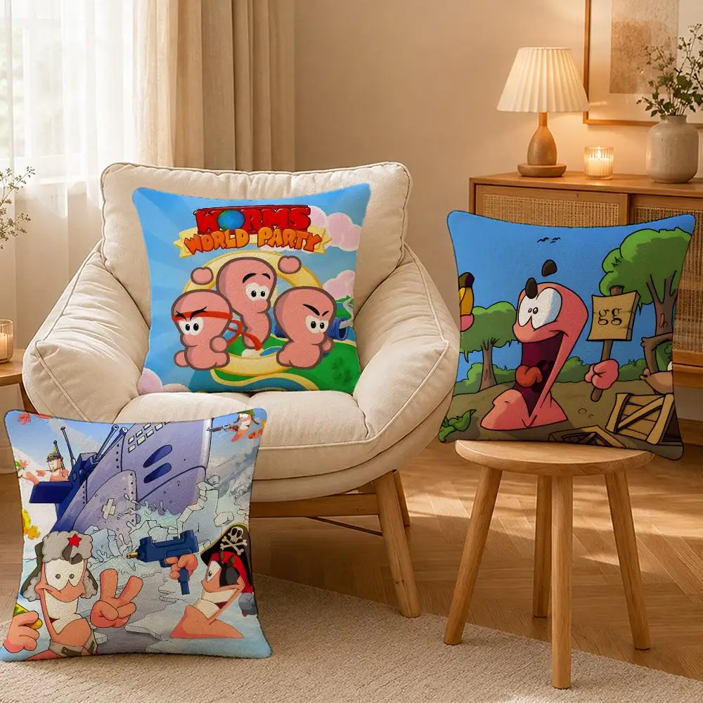Game Worms Retro Battle Art Cushion Cover Personalized Short Plush Soft Bedroom Sofa Home Decor Gift