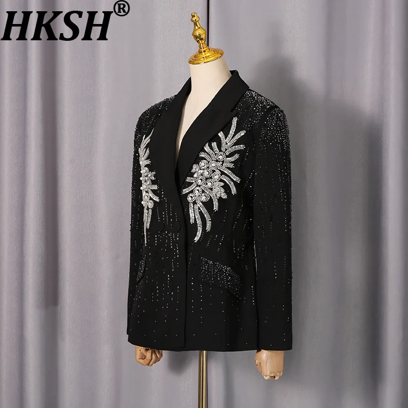

HKSH Spring Autumn New Women Blazer Studded Diamonds Beaded Sequined Notched Collar Slim Fit Elegant Trend Chic Ins Coat HK16738