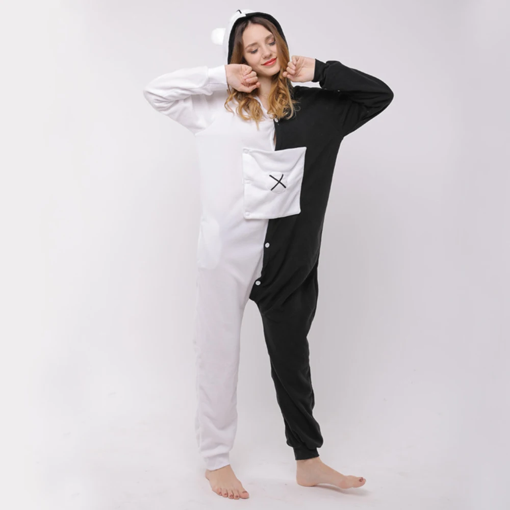 Black and White Stitching Bear Hooded Flannel One-piece pajamas Cartoon Button Onesie Couple Sleepwear Leisure wear Women Men