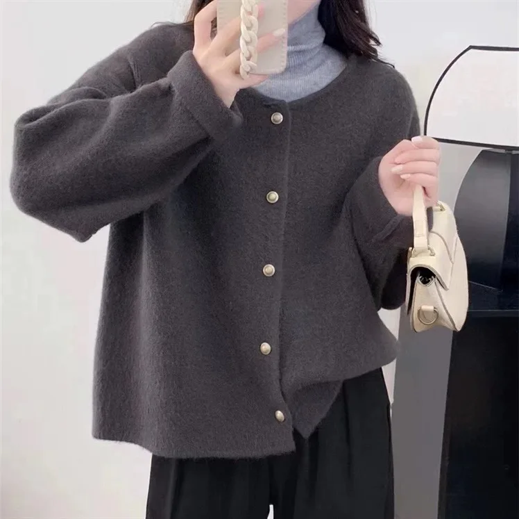 

New Fashion Autumn Winter Women's Solid Coloro-neck Single-breasted Long Sleeve Casual Trendy Knitted Sweater Cardigans Coats