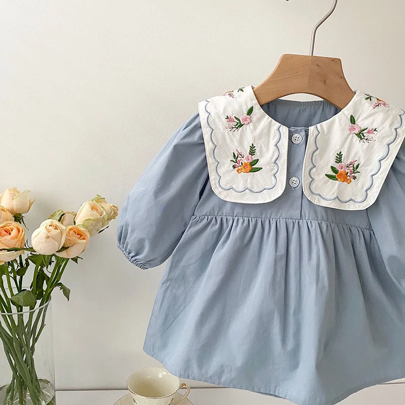 Spring Quality Embroidery Peter Pan Collar Toddler Baby Girl Bodysuit Dress Cute One Piece Infant Jumpsuits