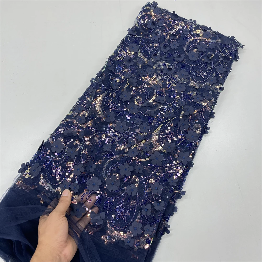 TLXT 3D Flower Navy Blue French Lace Fabric 2023 High Quality Lace Net African Lace Fabric With Sequins Lace Fabrics For Wedding