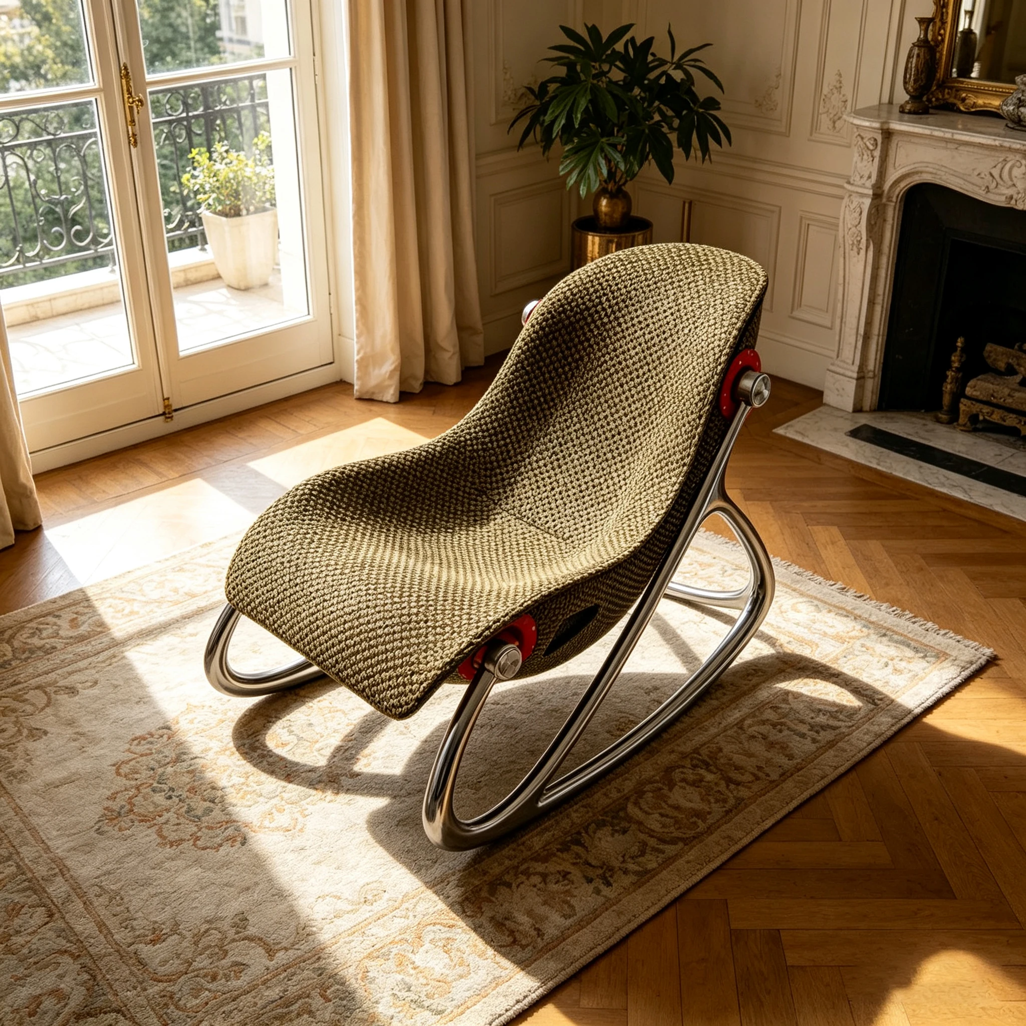 A*-Contemporary Single Rocking Chair with Olive Green Woven Fabric and Polished Stainless Steel