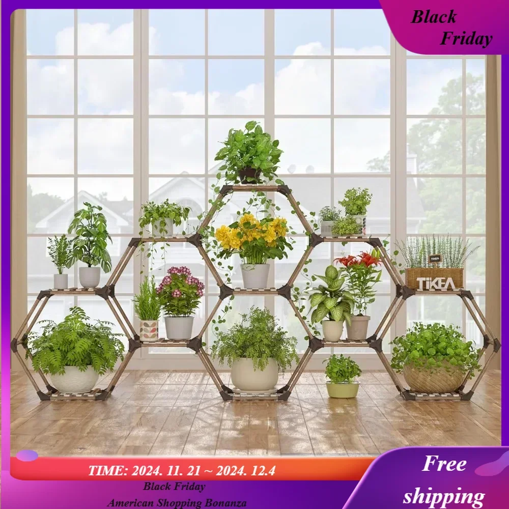 Plant Stand Indoor Hexagonal for Multiple Plants Indoor Outdoor Large Wooden Plant Shelf 11 Tiered Creative for Balcony Patio