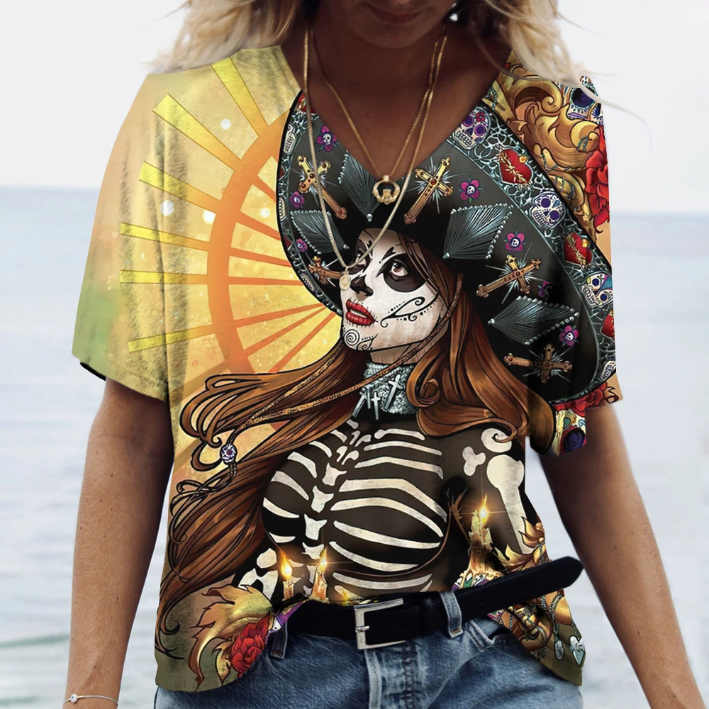 Fashion Woman Blouses 2024 T-shirt Women\'s 3d Clown Print Color Skull V-neck T Shirt Female Clothing Oversized Summer Tops Tees