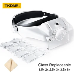 TKDMR Headband Magnifier Battery Magnifying Glass with Led Lights for Jewelry Loupe Watch Electronic Repair Embroidery Read Book