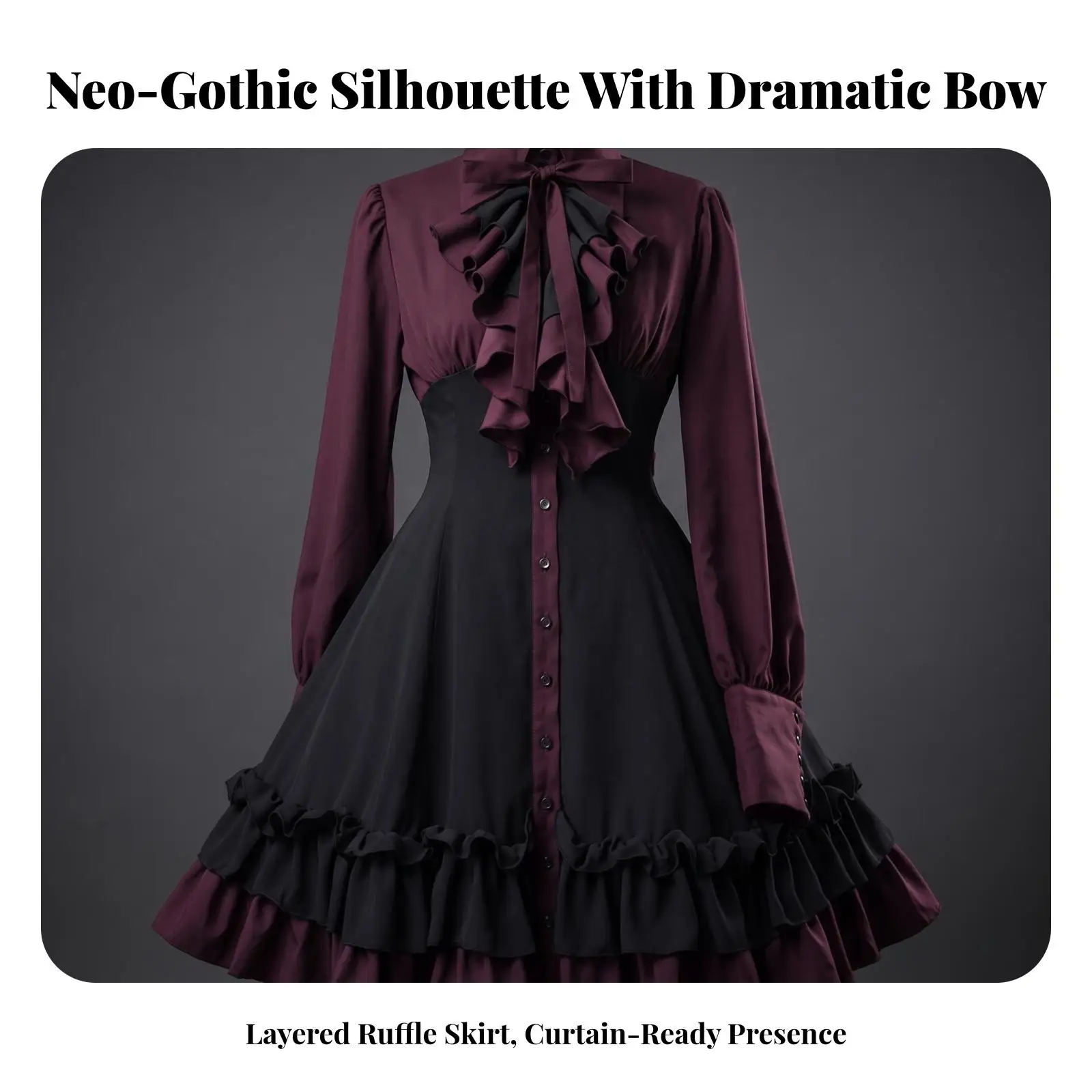 Long Sleeve Women Gothic Dress Ruffle Neckline Tailored Waist Flared Skirt for Cosplay Stage Performance Vintage Dramatic Style