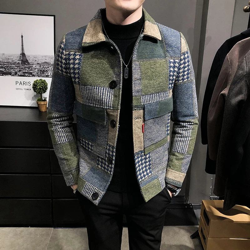 Mens Woolen Jacket 2023 Autumn Winter Fleece Warm Plaid Woolen Coat Streetwear Casual Slim Fit Jacket Coat Fashion Men Clothing