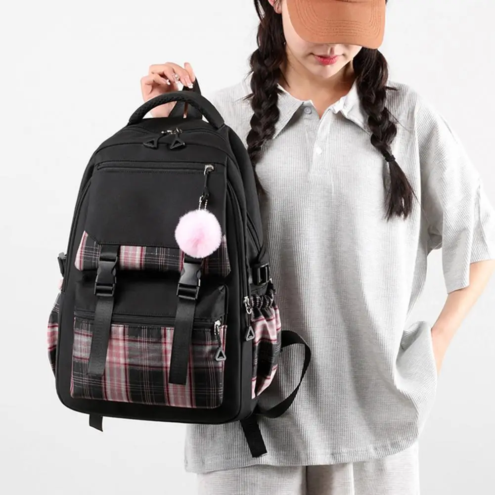 

Middle School Backpack with Side Pockets Plaid Print Student Backpack with Plush Ball Pendant Capacity for Pupils for Outdoor