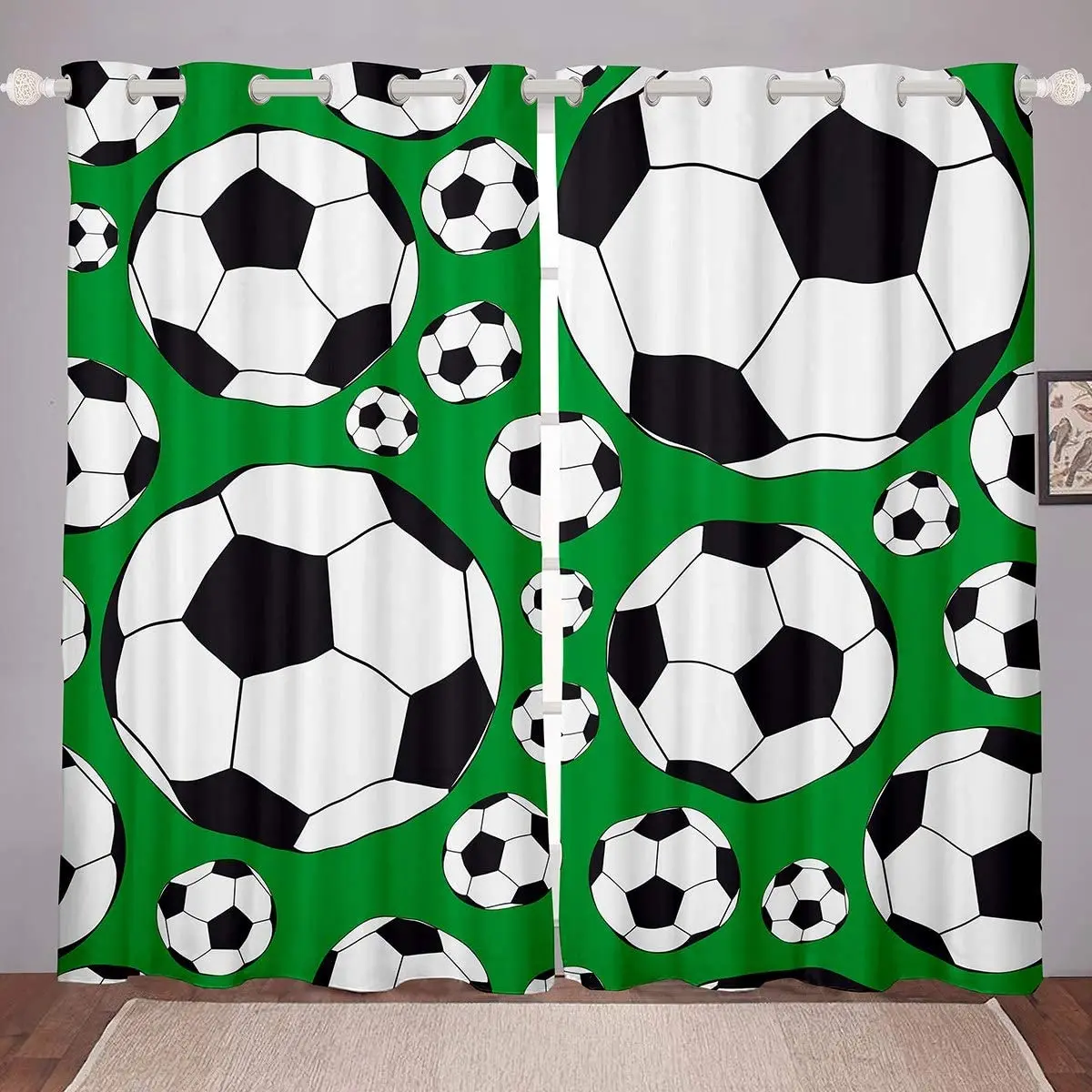 Boys Football Window Drapes Sports Theme Window Curtain Black White Soccer Ball Pattern Window Treatments for Kids Green Cortina