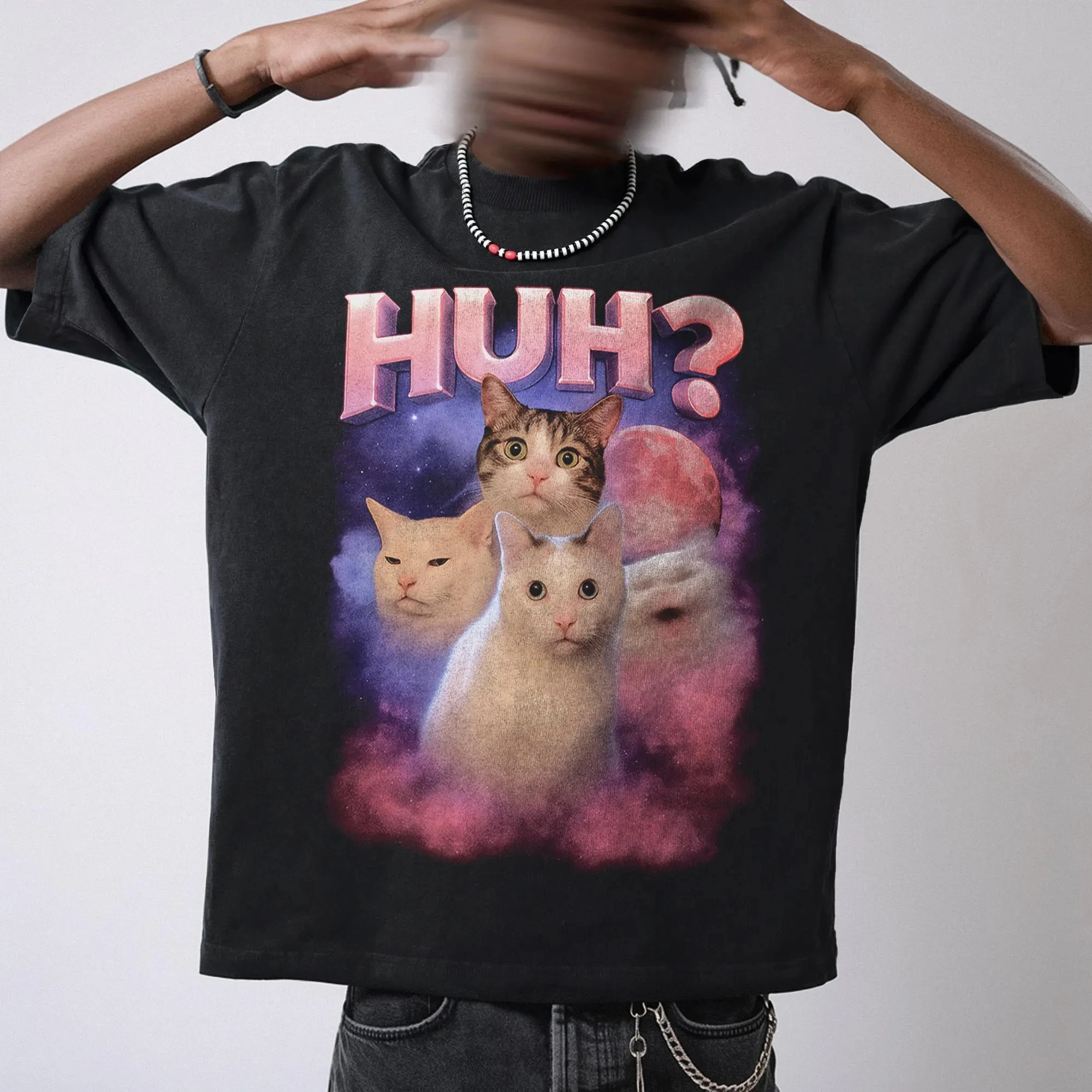 Confused Cat Meme T-Shirt, 90s Style Galaxy Graphic Unisex Summer Men's and Women's Loose and Breathable T-shirt Top