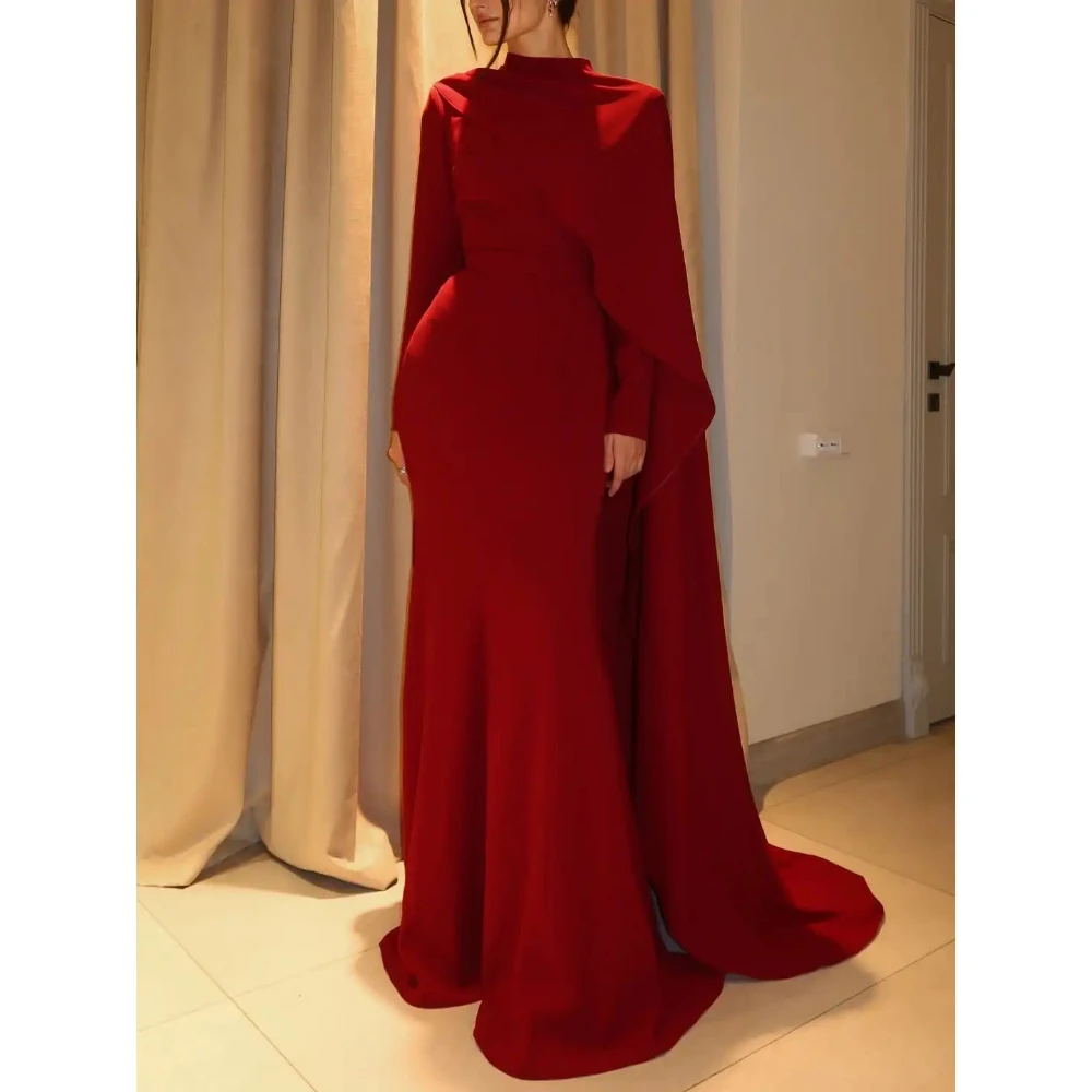 

Элегантное красное вечернее платье с высоким воротом и длинными рукавами, Джерси, Русалка длиной до пола, платья для выпускного вечера, вечернее платье по индивидуальному заказу