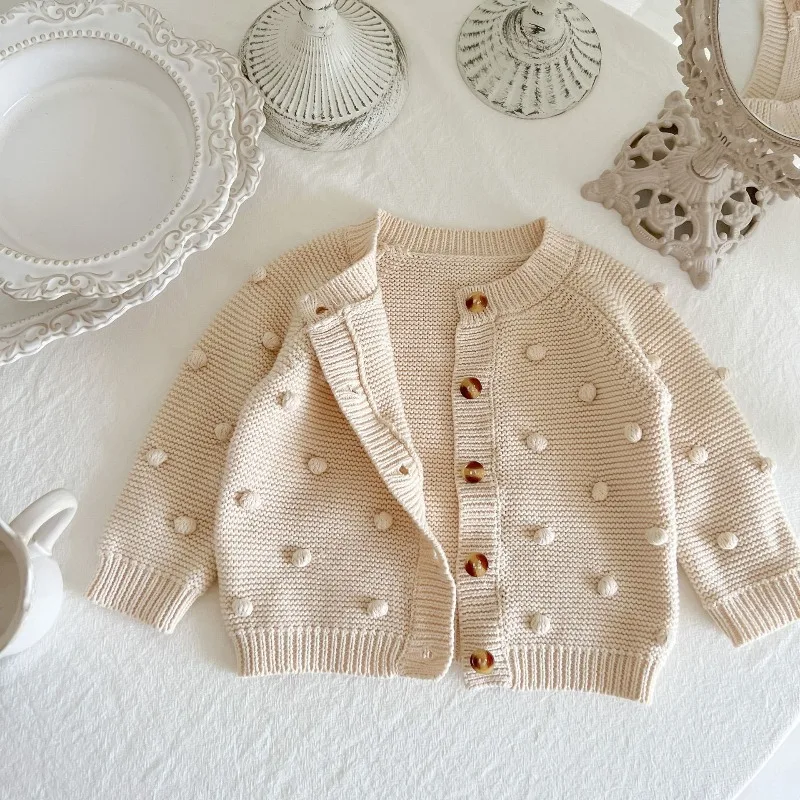 Baby Girl Knitted Cardigan Sweater Autumn Spring Solid Color Pom Pom Crochet Coat Long Sleeve Infant Toddler Jacket Cute Outfit