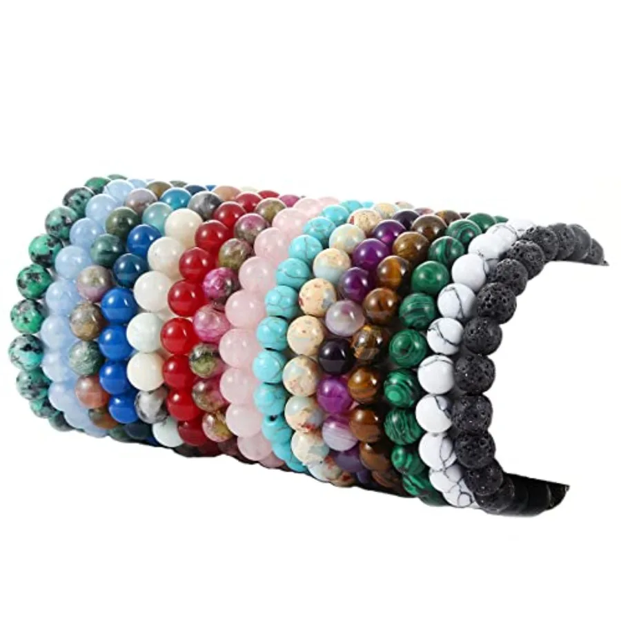 

15 Pcs 8mm Healing Stone Beaded Bracelets for Women Men Semi-Precious Gemstones Bracelets Crystal Beaded Bracelet Unisex Adjust