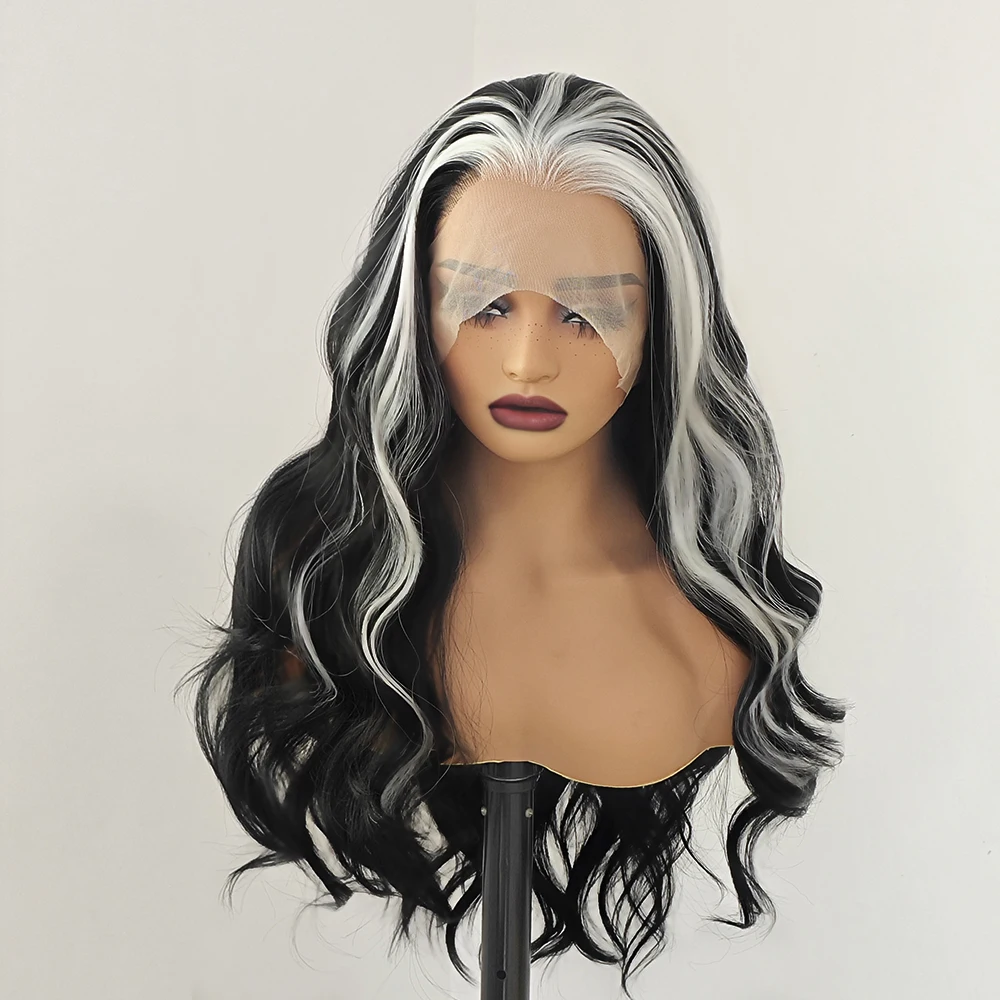 Highlights Wig Long Wave Synthetic Lace Wig Black Highlight White Body Wavy Free Part Lace Frontal Wigs Women Daily Cosplay Wear