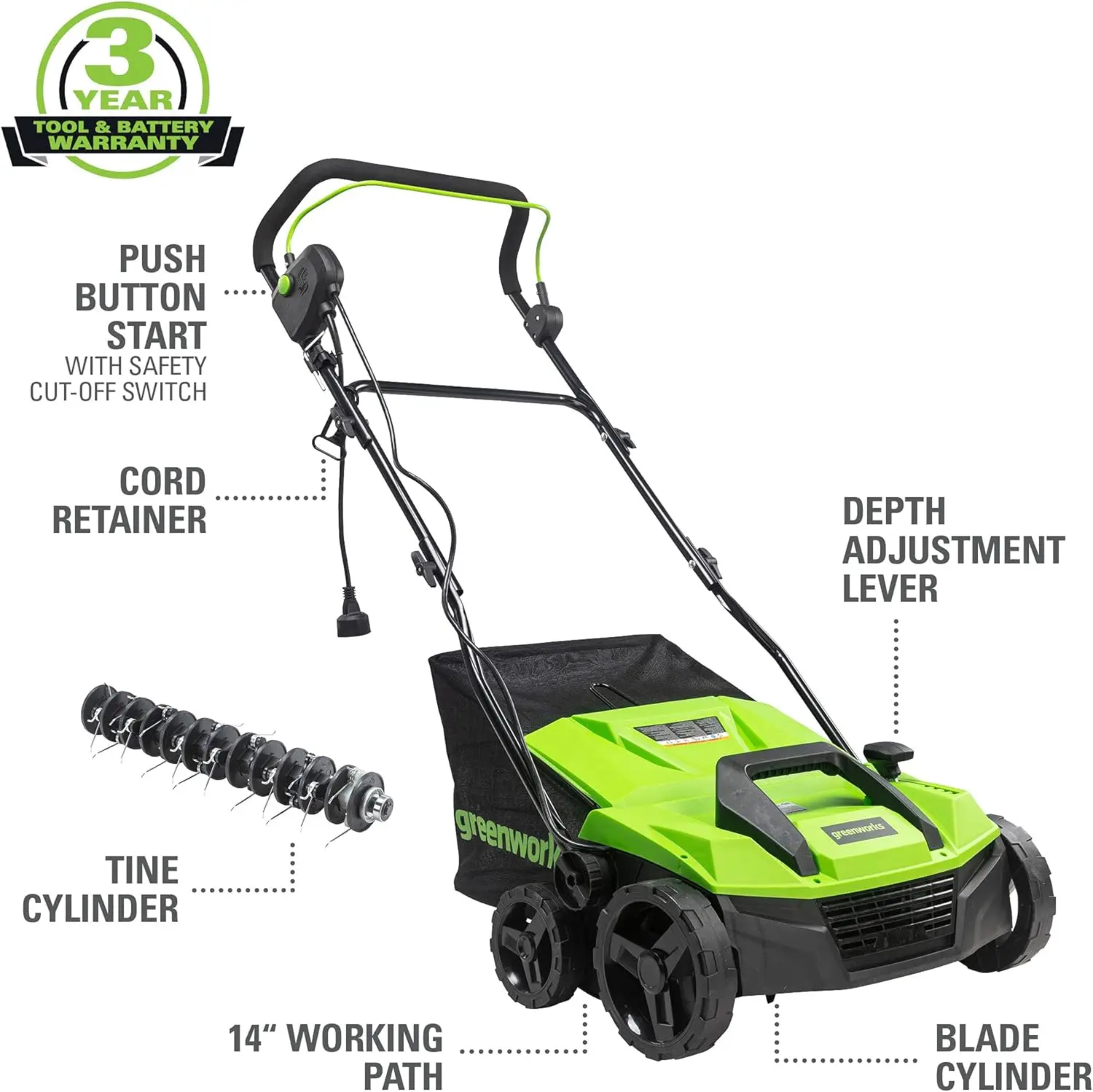 Lawn Maintenance: Corded Dethatcher/Scarifier, Metal, Green, 13 Amp Power