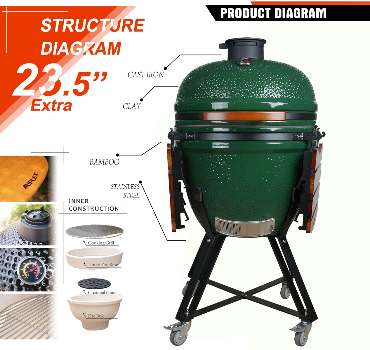 23Inch Premium Modern Ceramic Charcoal Deluxe Large Size Ceramic Kamado Smoker with Ash Drawer Charcoal BBQ Grill Outdoor