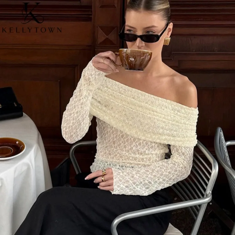 Off Shoulder Top Women Lace Sheer T Shirts Y2k Solid Long Sleeve Blouse Spring Autumn Outfits 2026 Date Sexy Elegant Slim Tee