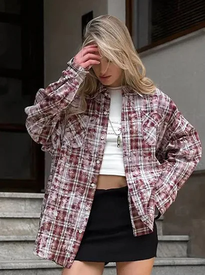 

Vintage Plaid Shirt For Women Spring 2025 New Turn-Down Collar Button Loose Blouse Long Sleeved Shirts Fashion Retro Tops Street