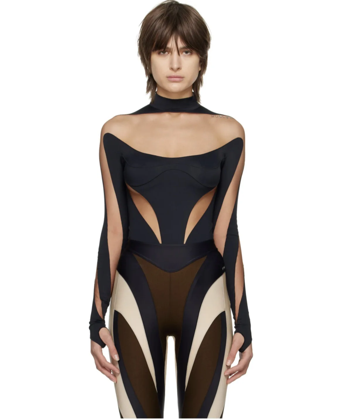 بدلة قفز حلزونية مثيرة ذات رقبة شبه عالية وكتف واحد ومرقعة من Mugler Niche #4